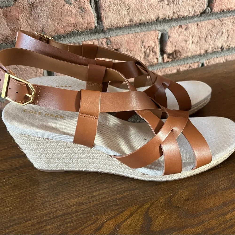 Women's Tan Leather Wedge Sandals - Classic Strappy Espadrille